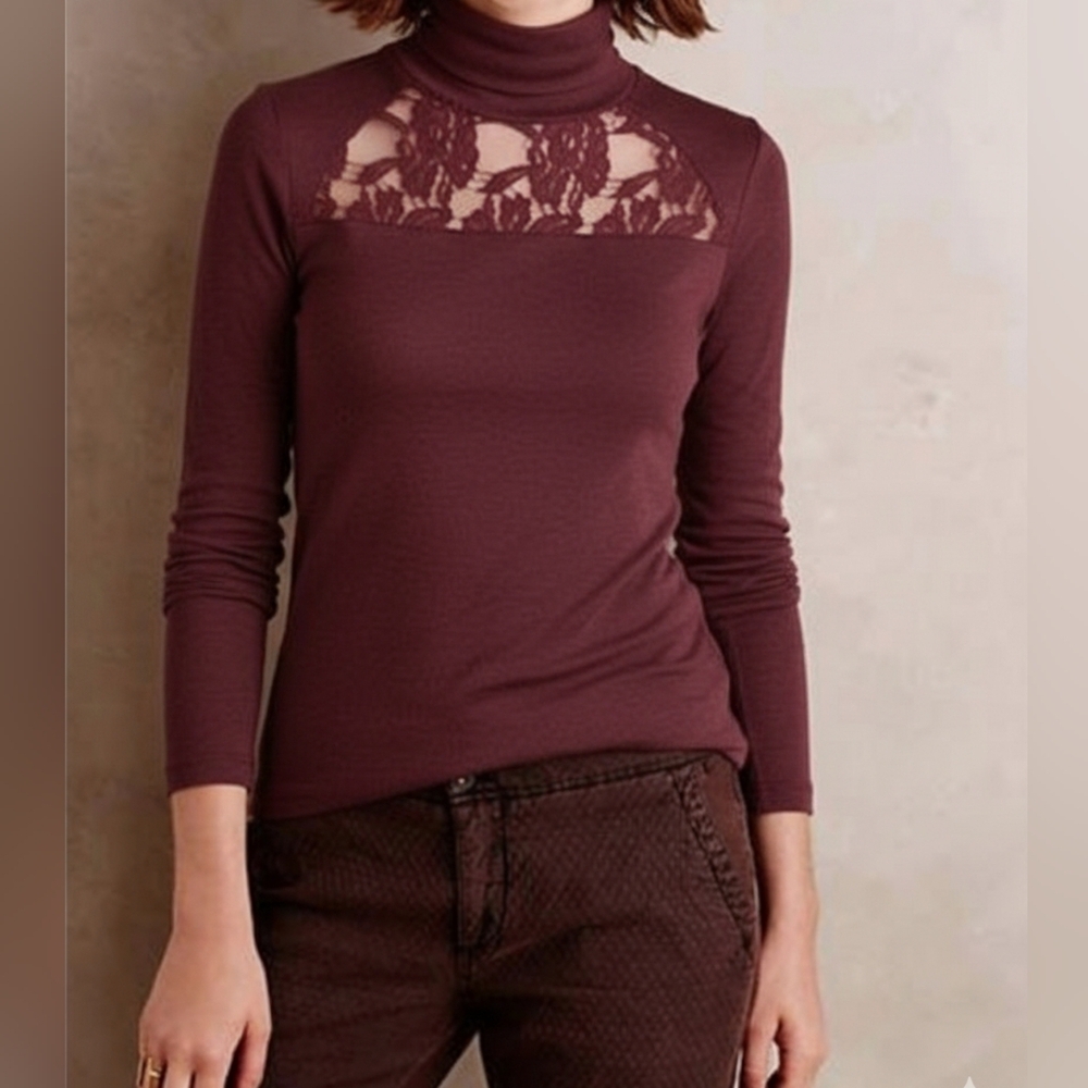 Anthropologie E by Eloise Maroon Ribbed Lace Turtleneck Long-Sleeve Top XS